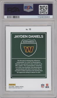 Jayden Daniels from the 2024 Donruss set graded by PSA and given an overall grade of 9.