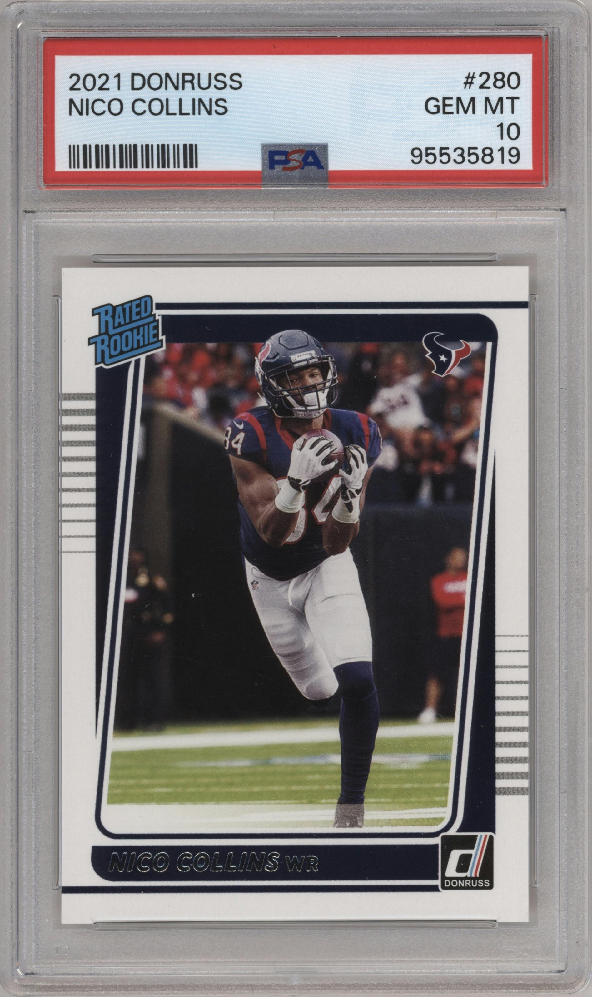 Nico Collins from the 2021 Panini Donruss set graded by PSA and given an overall grade of 10.