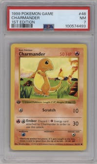 Charmander from the 1999 Pokemon set graded by PSA and given an overall grade of 7.
