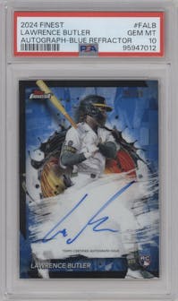 Lawrence Butler  from the 2024 Topps Finest set featuring a Blue Refractor parallel graded by PSA and given an overall grade of 10.