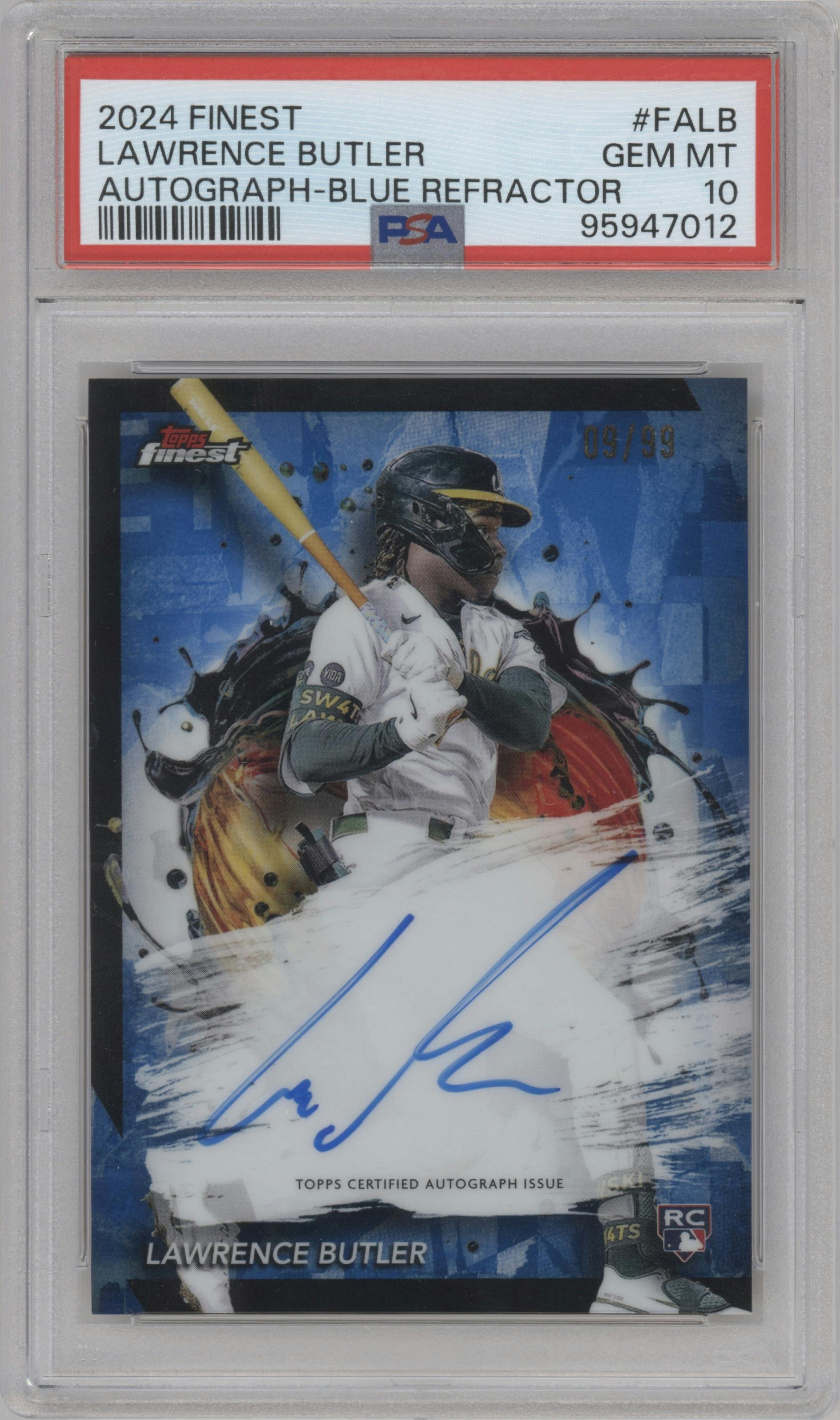 Lawrence Butler  from the 2024 Topps Finest set featuring a Blue Refractor parallel graded by PSA and given an overall grade of 10.