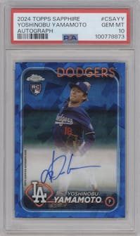 Yoshinobu Yamamoto from the 2024 Topps Chrome Sapphire set graded by PSA and given an overall grade of 10.
