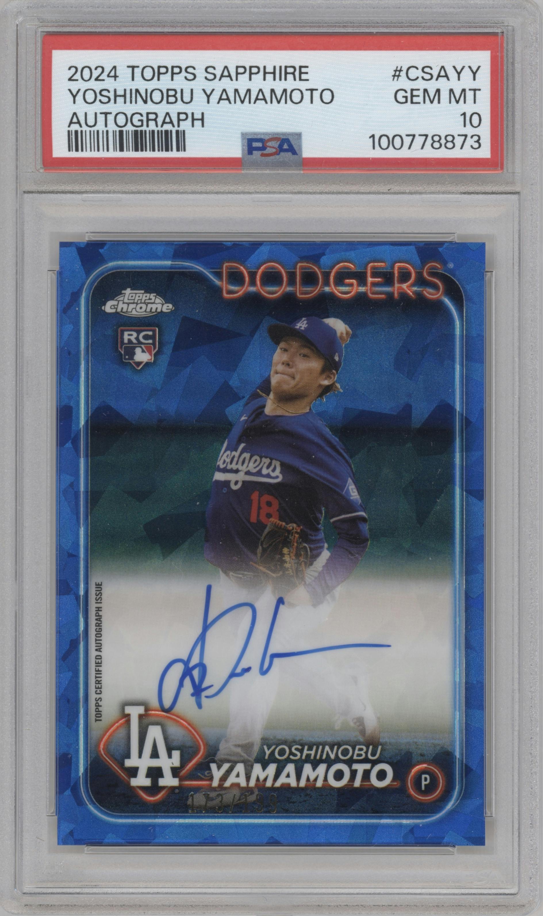 Yoshinobu Yamamoto from the 2024 Topps Chrome Sapphire set graded by PSA and given an overall grade of 10.
