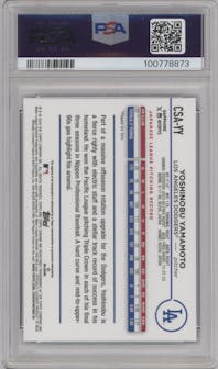 Yoshinobu Yamamoto from the 2024 Topps Chrome Sapphire set graded by PSA and given an overall grade of 10.