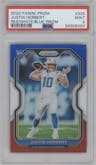Justin Herbert from the 2020 Panini Prizm set featuring a Red/White/Blue Prizm parallel graded by PSA and given an overall grade of 9.