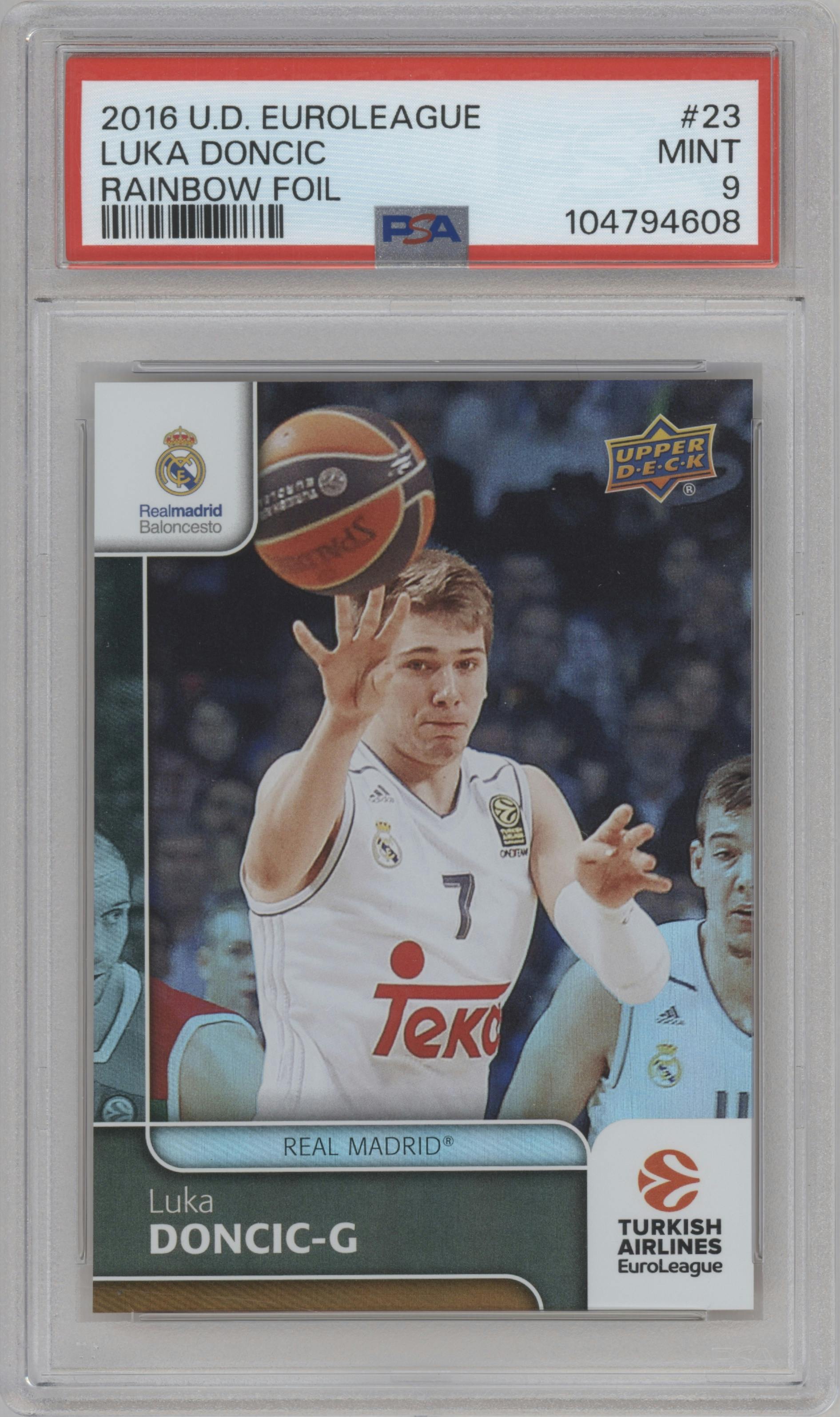 Luka Doncic from the 2016-17 Upper Deck Euroleague set featuring a Rainbow parallel graded by PSA and given an overall grade of 9.