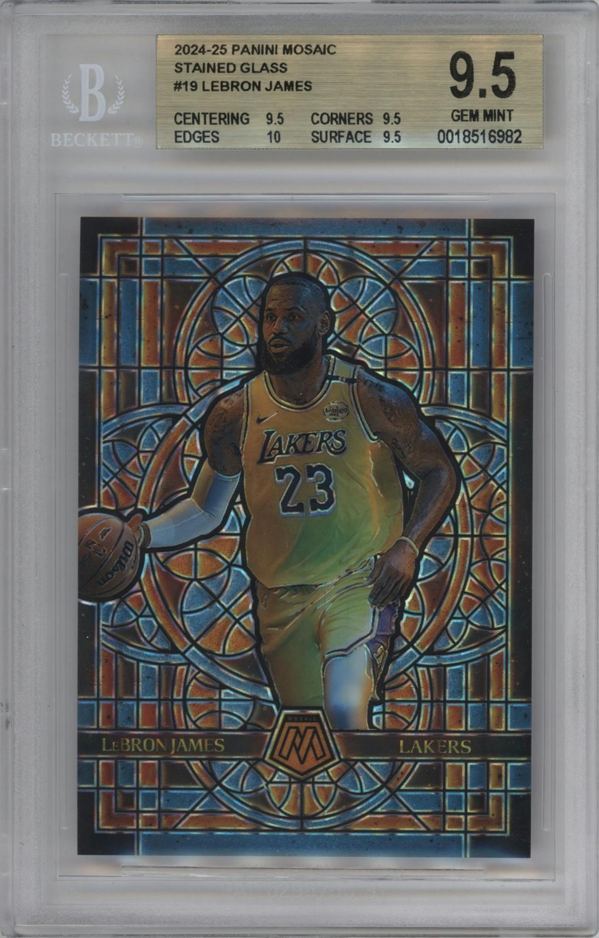 LeBron James from the 2024-25 Panini Mosaic set graded by Beckett and given an overall grade of 9.5.