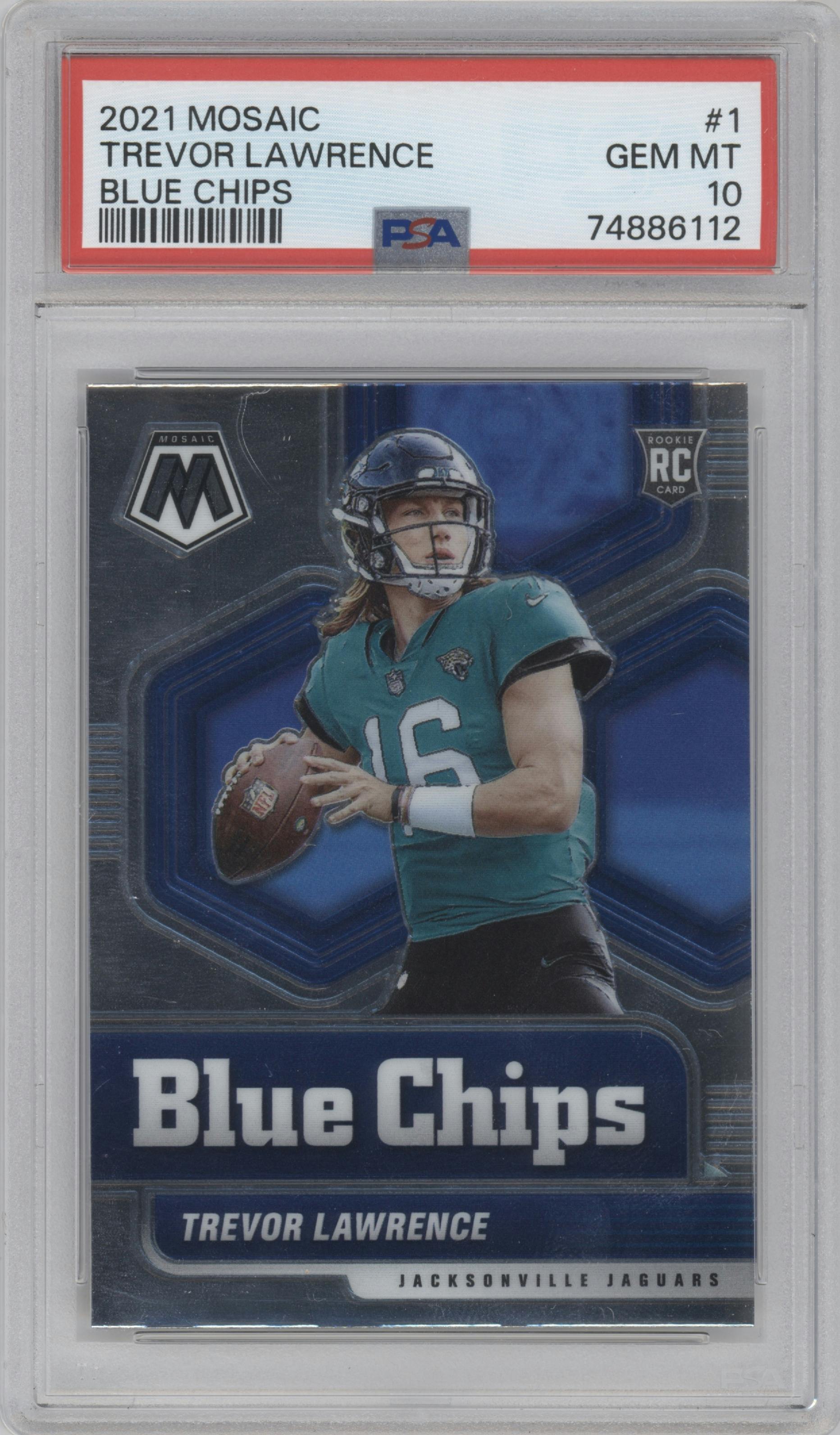 Trevor Lawrence from the 2021 Panini Mosaic set graded by PSA and given an overall grade of 10.