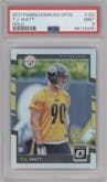 T.J. Watt from the 2017 Panini Donruss Optic set featuring a Holo parallel graded by PSA and given an overall grade of 9.