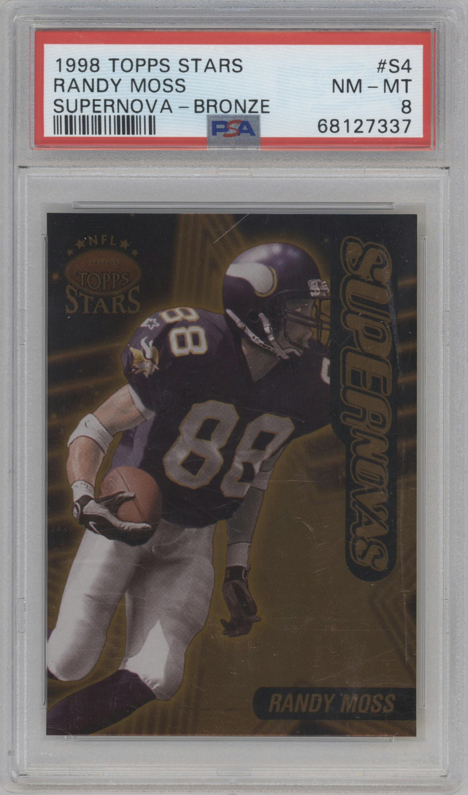 Randy Moss from the 1998 Topps Stars set featuring a Bronze parallel graded by PSA and given an overall grade of 8.