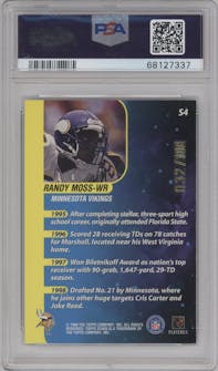 Randy Moss from the 1998 Topps Stars set featuring a Bronze parallel graded by PSA and given an overall grade of 8.