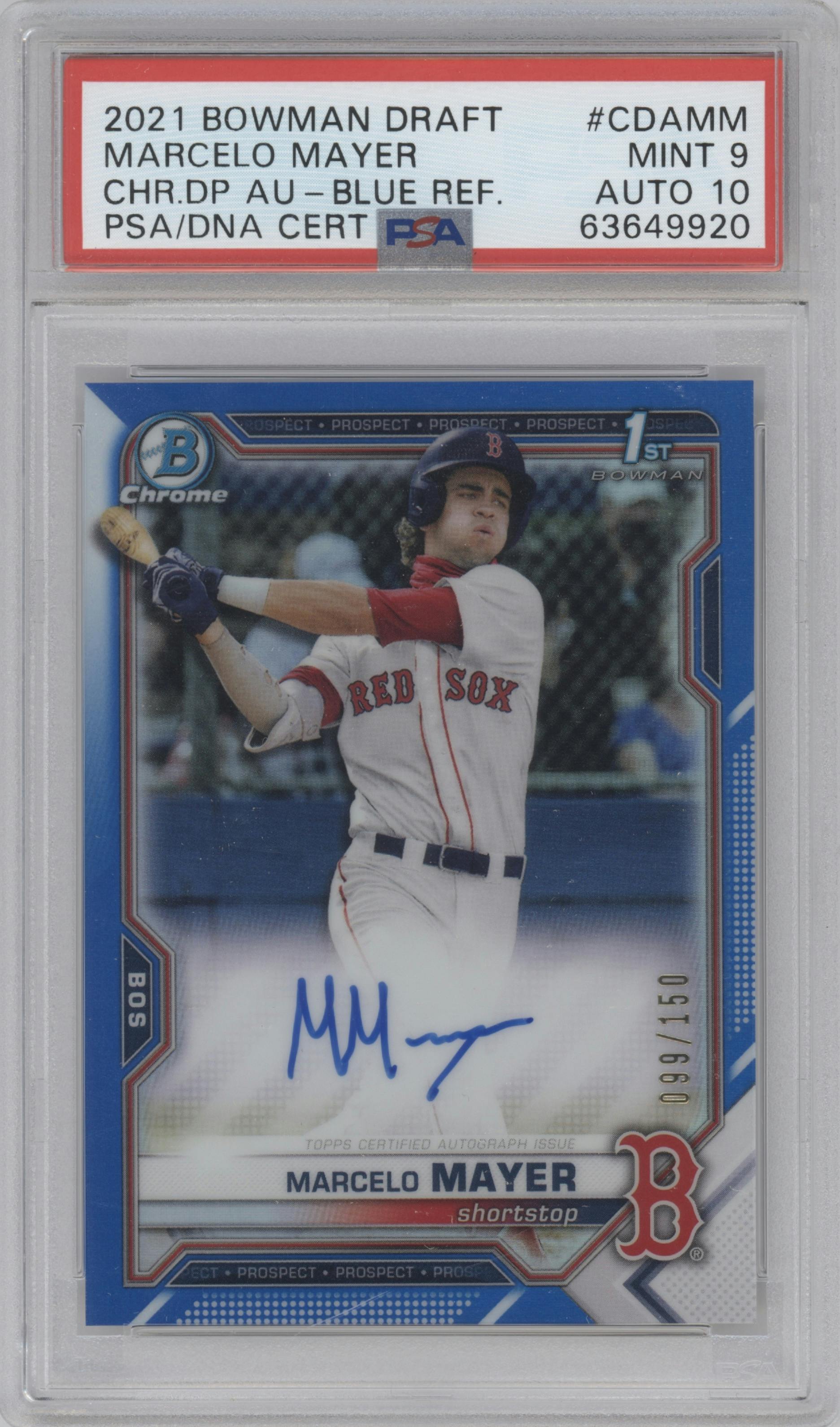 Marcelo Mayer from the 2021 Bowman Draft set featuring a Blue Refractor parallel graded by PSA and given an overall grade of 9.