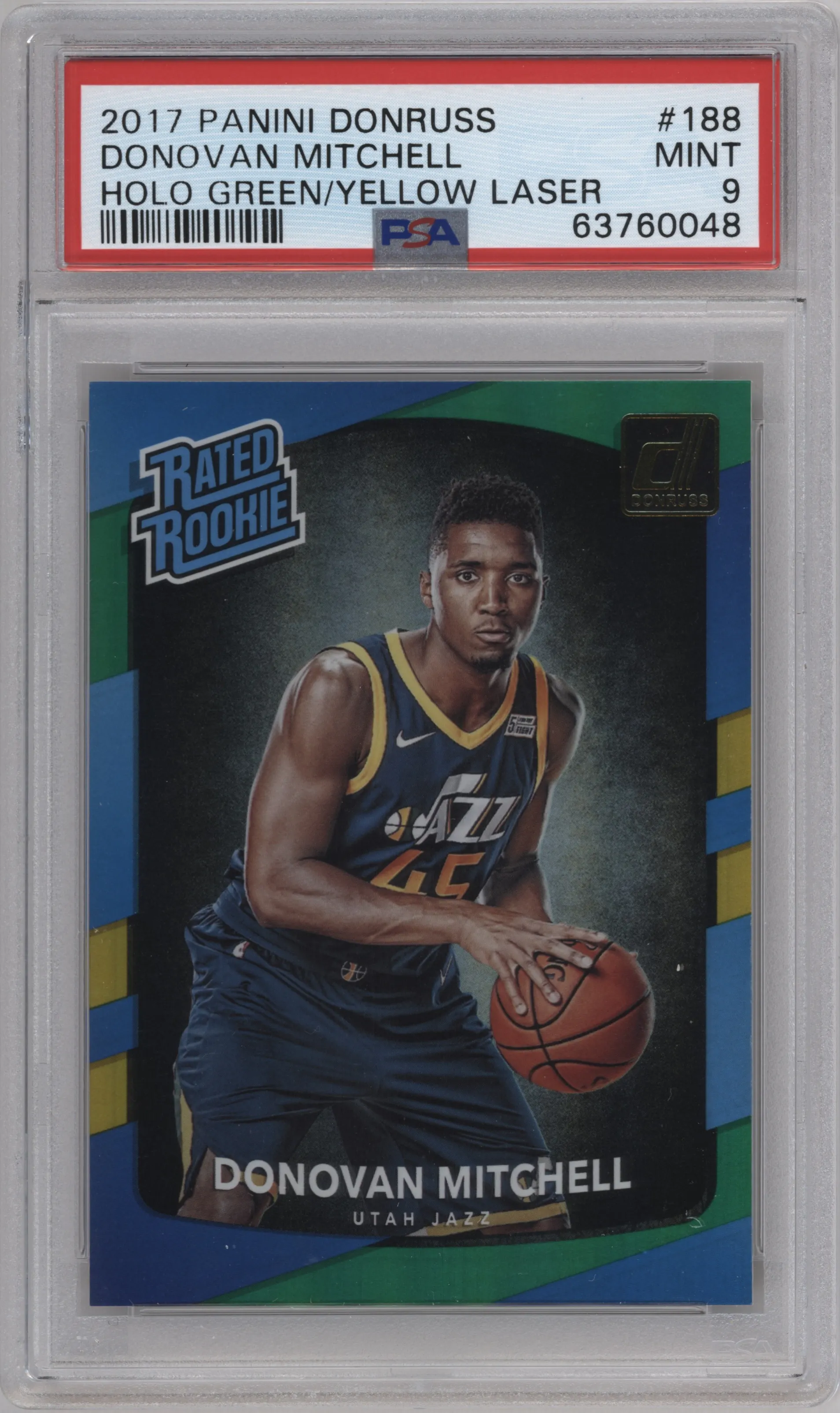 2017 Panini Donruss Rated Rookie Donovan Mitchell Holo Green/Yellow Laser PSA 9