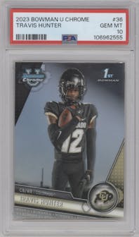 Travis Hunter  from the 2023 Bowman Chrome University set graded by PSA and given an overall grade of 10.