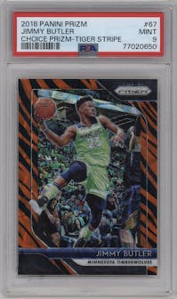 Jimmy Butler from the 2018-19 Panini Prizm set featuring a Choice Tiger Stripe parallel graded by PSA and given an overall grade of 9.