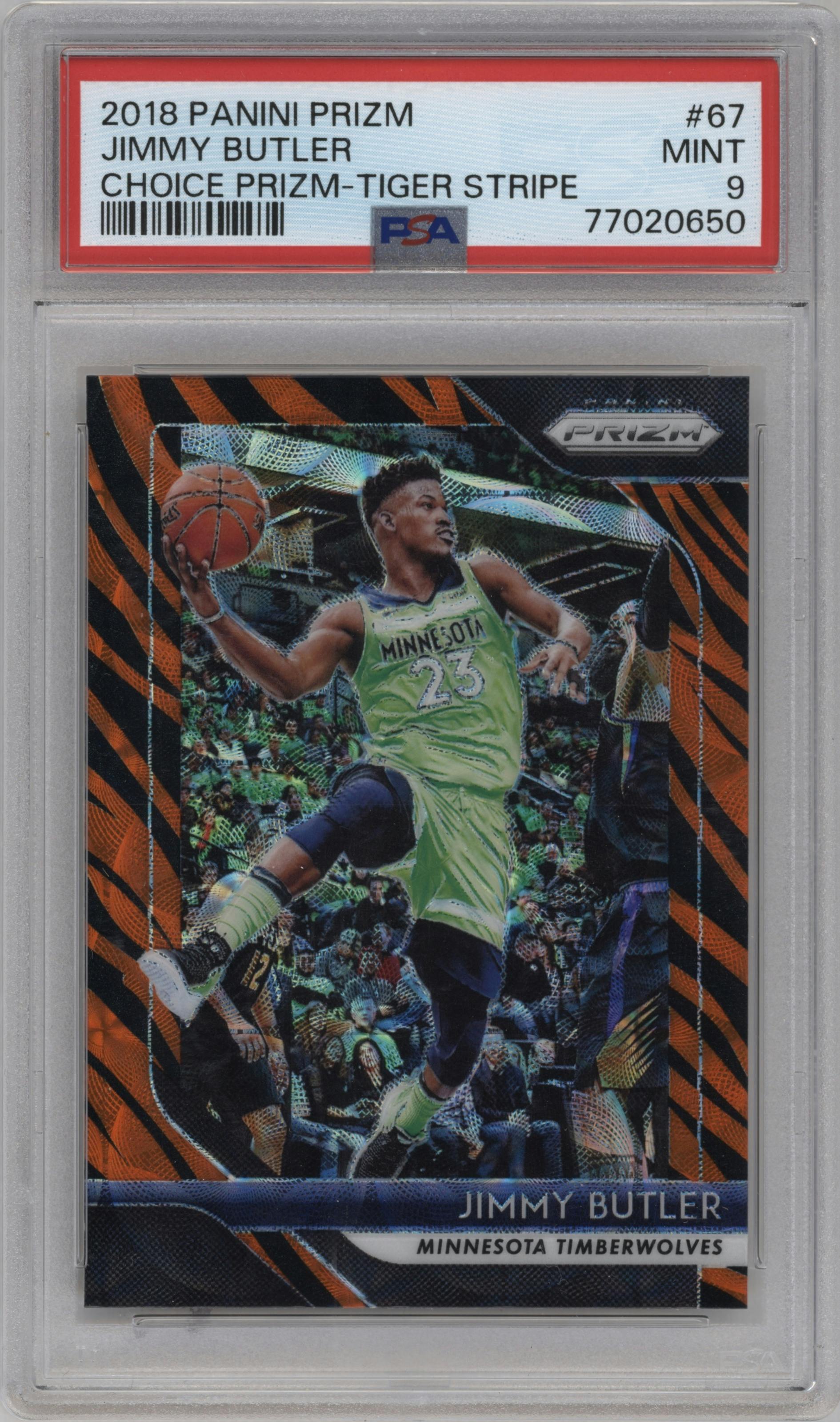 Jimmy Butler from the 2018-19 Panini Prizm set featuring a Choice Tiger Stripe parallel graded by PSA and given an overall grade of 9.