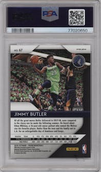 Jimmy Butler from the 2018-19 Panini Prizm set featuring a Choice Tiger Stripe parallel graded by PSA and given an overall grade of 9.