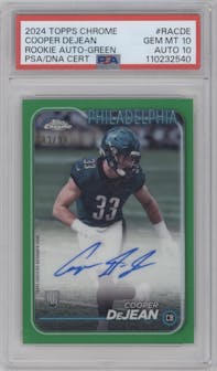 Cooper DeJean  from the 2024 Topps Chrome set featuring a Green Refractor parallel graded by PSA and given an overall grade of 10.