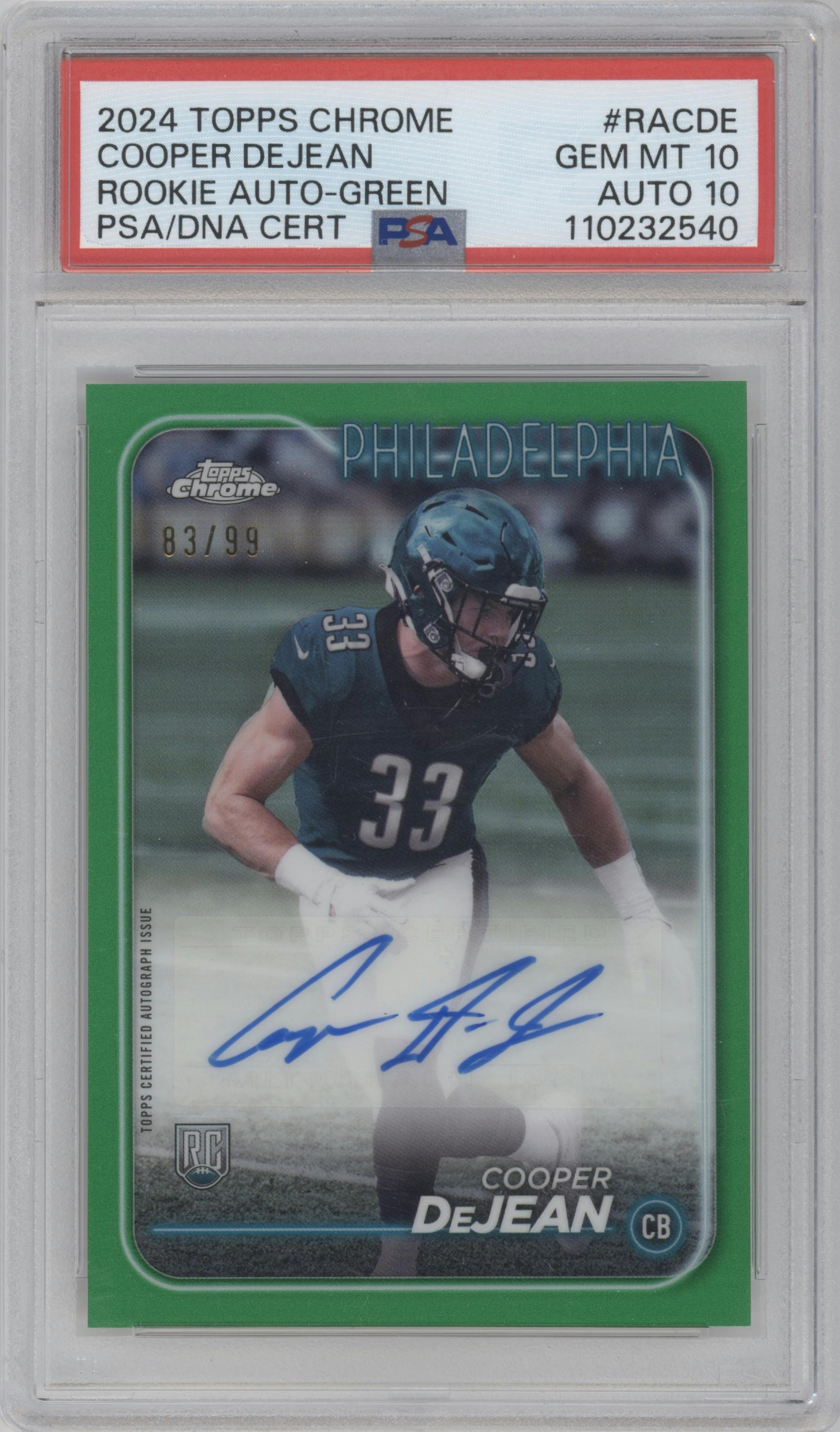 Cooper DeJean  from the 2024 Topps Chrome set featuring a Green Refractor parallel graded by PSA and given an overall grade of 10.