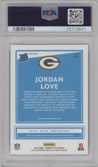 Jordan Love from the 2020 Panini Donruss Optic set featuring a Holo parallel graded by PSA and given an overall grade of 10.