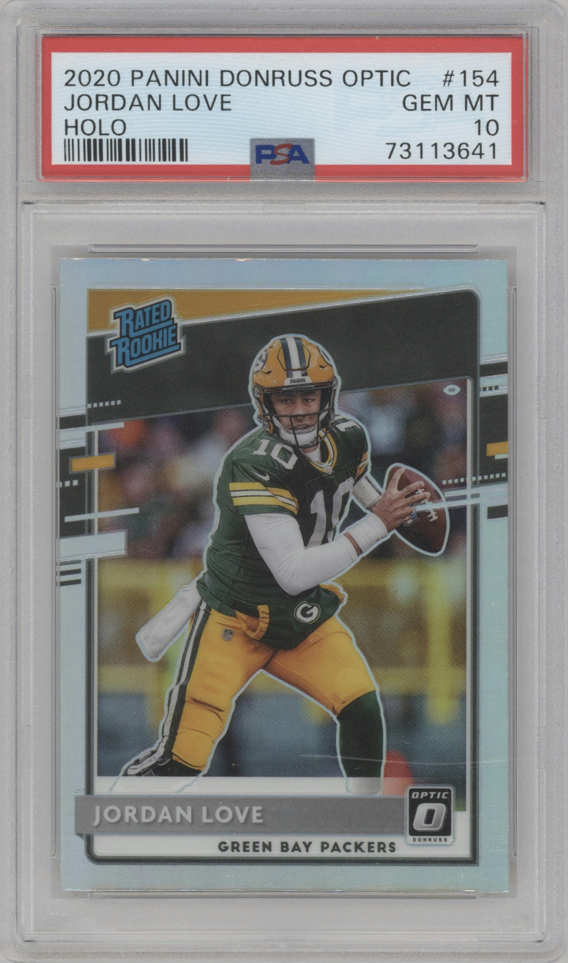 Jordan Love from the 2020 Panini Donruss Optic set featuring a Holo parallel graded by PSA and given an overall grade of 10.