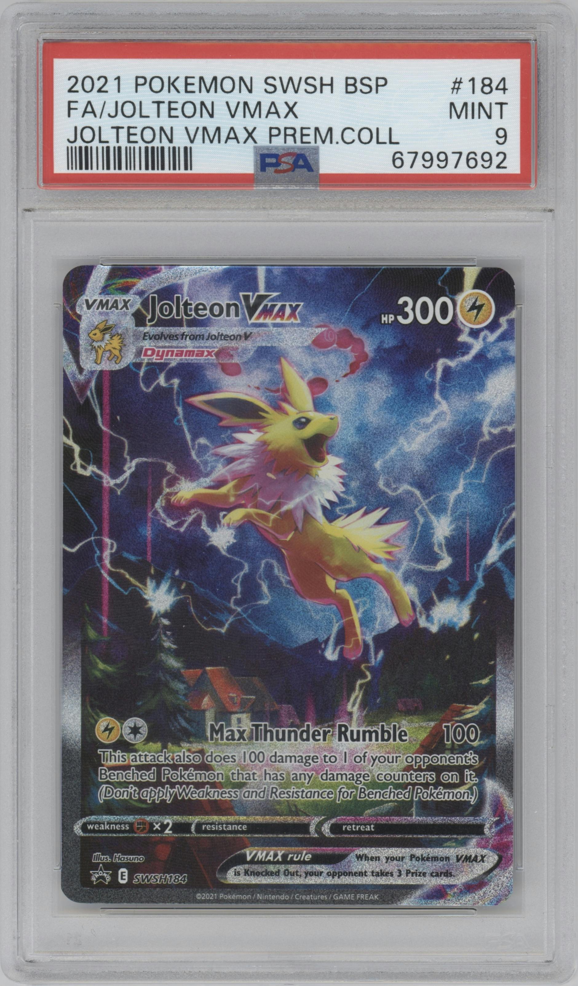 Jolteon VMAX from the 2021 Pokemon SWSH set featuring a Jolteon VMAX Premium Collection parallel graded by PSA and given an overall grade of 9.