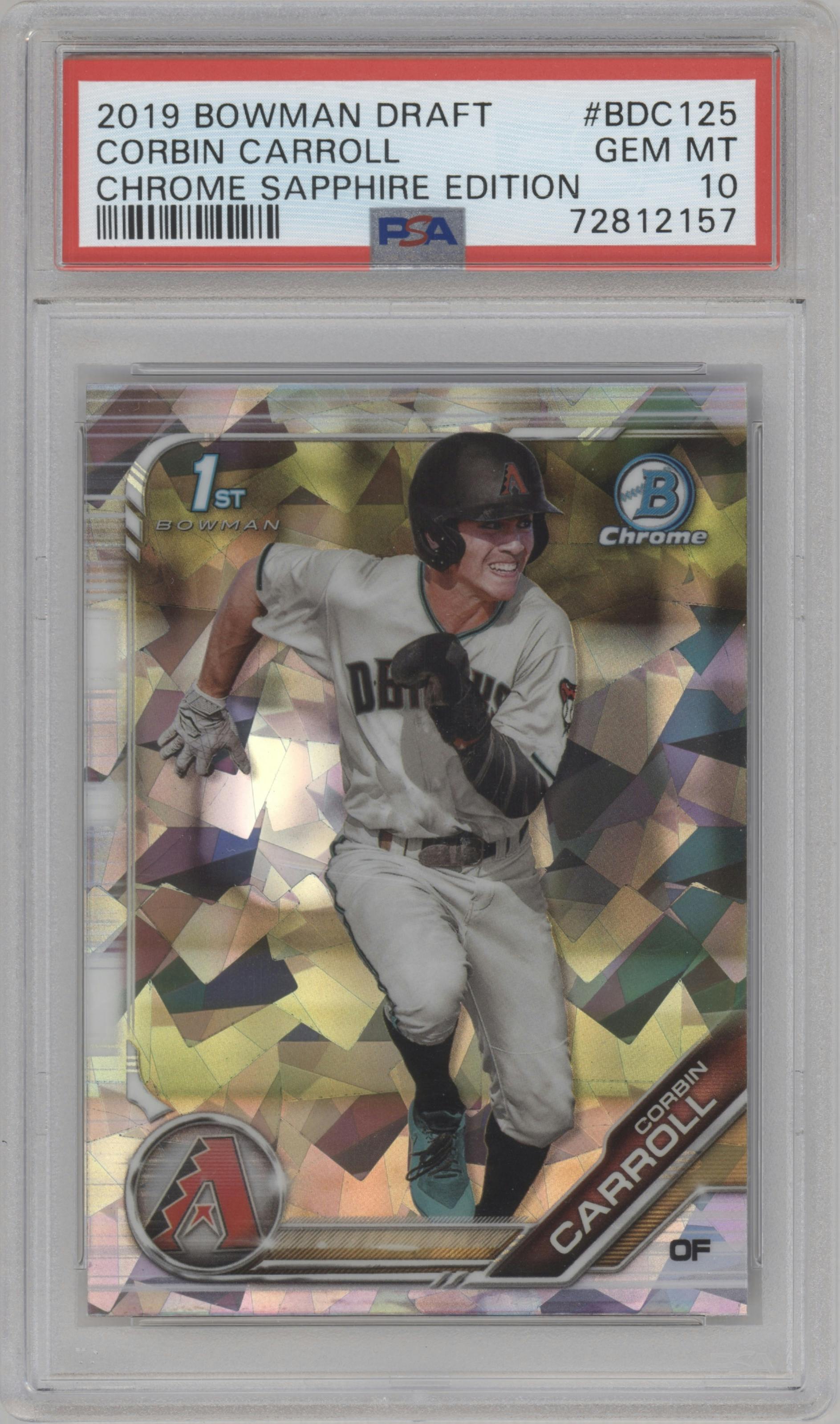 Corbin Carroll from the 2019 Bowman Draft Sapphire Edition set graded by PSA and given an overall grade of 10.