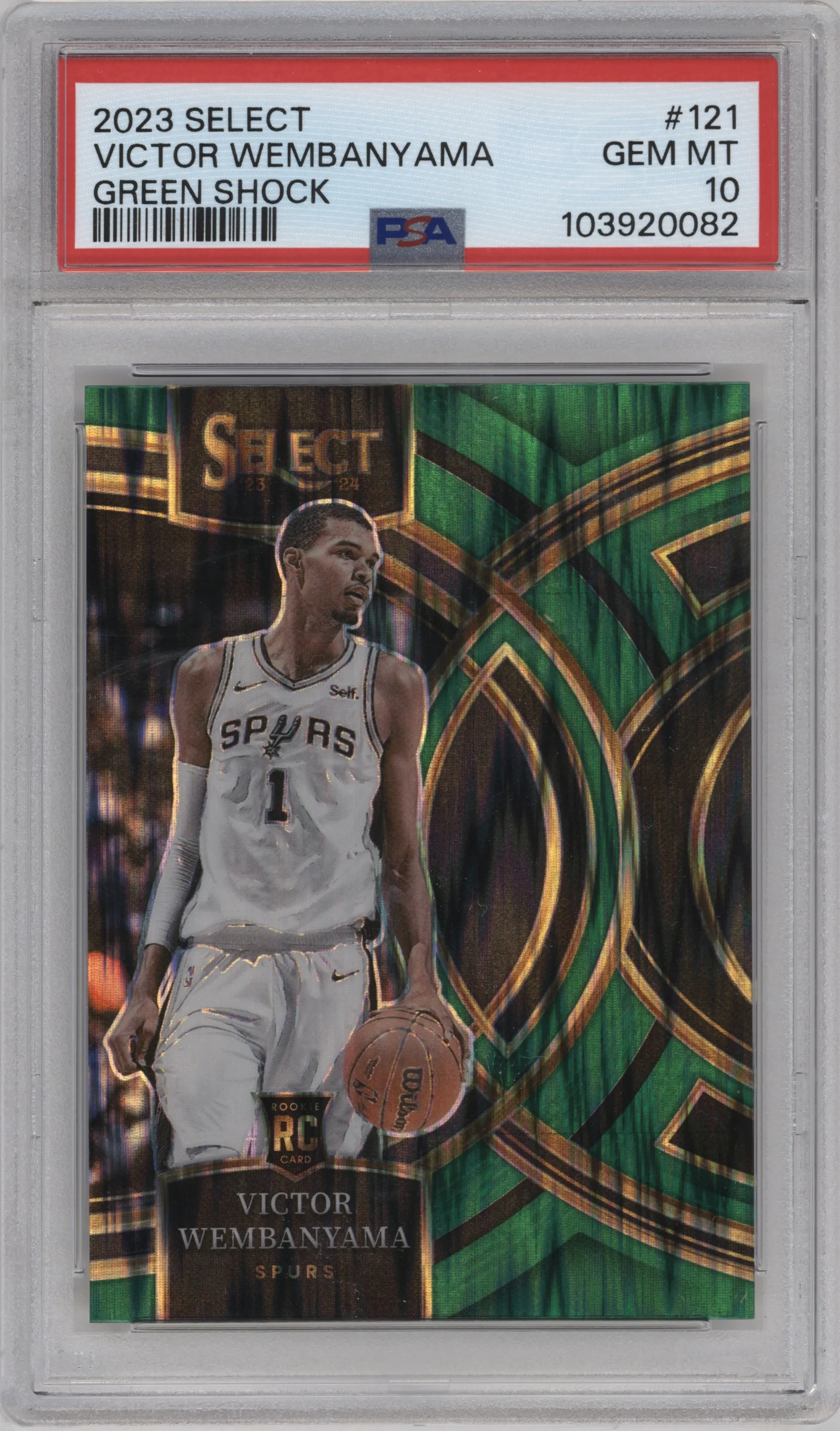 2023 Panini Select Pre.Lvl. Victor Wembanyama Green Shock Prizm #121 PSA 10