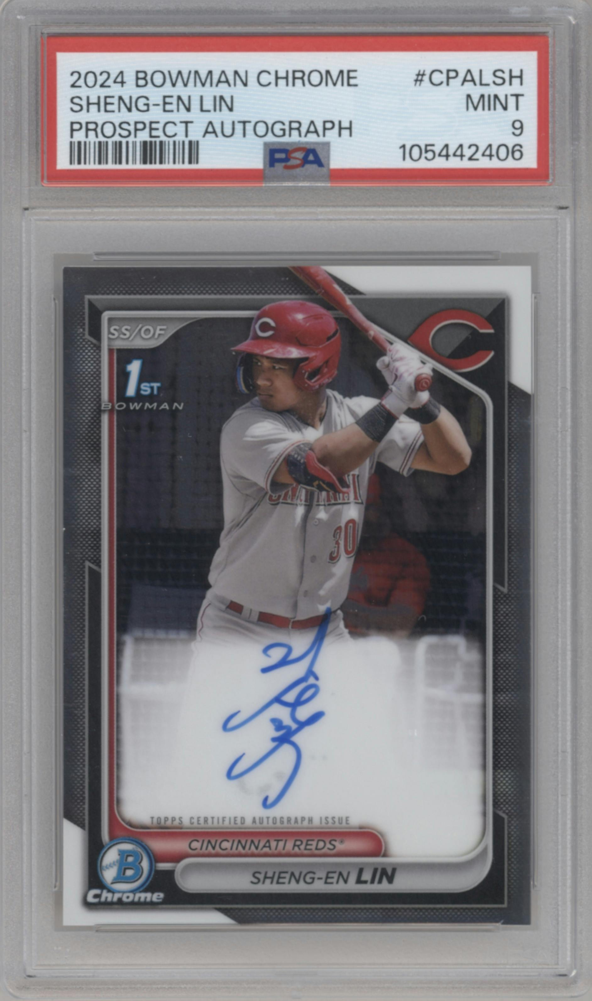 Sheng-En Lin from the 2024 Bowman Chrome set graded by PSA and given an overall grade of 9.
