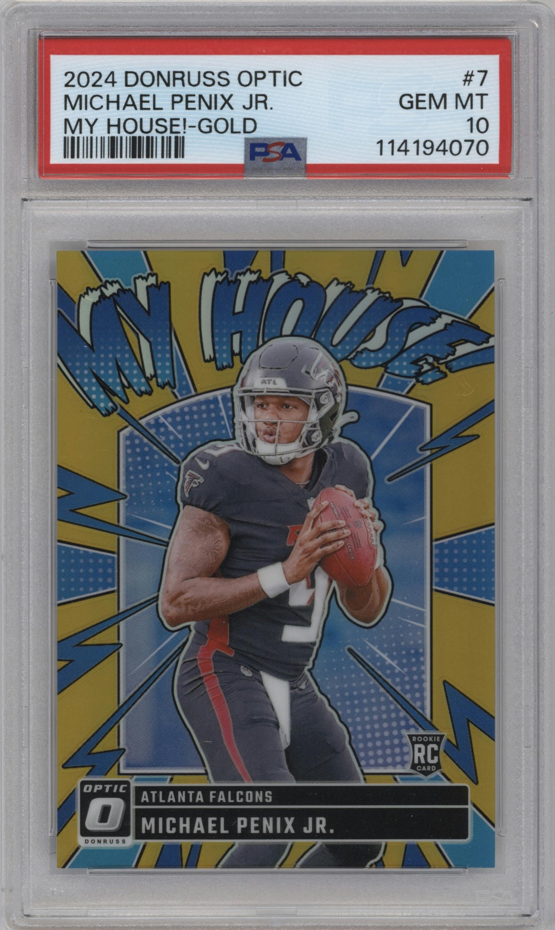 Michael Penix Jr. from the 2024 Donruss Optic set featuring a Gold parallel graded by PSA and given an overall grade of 10.
