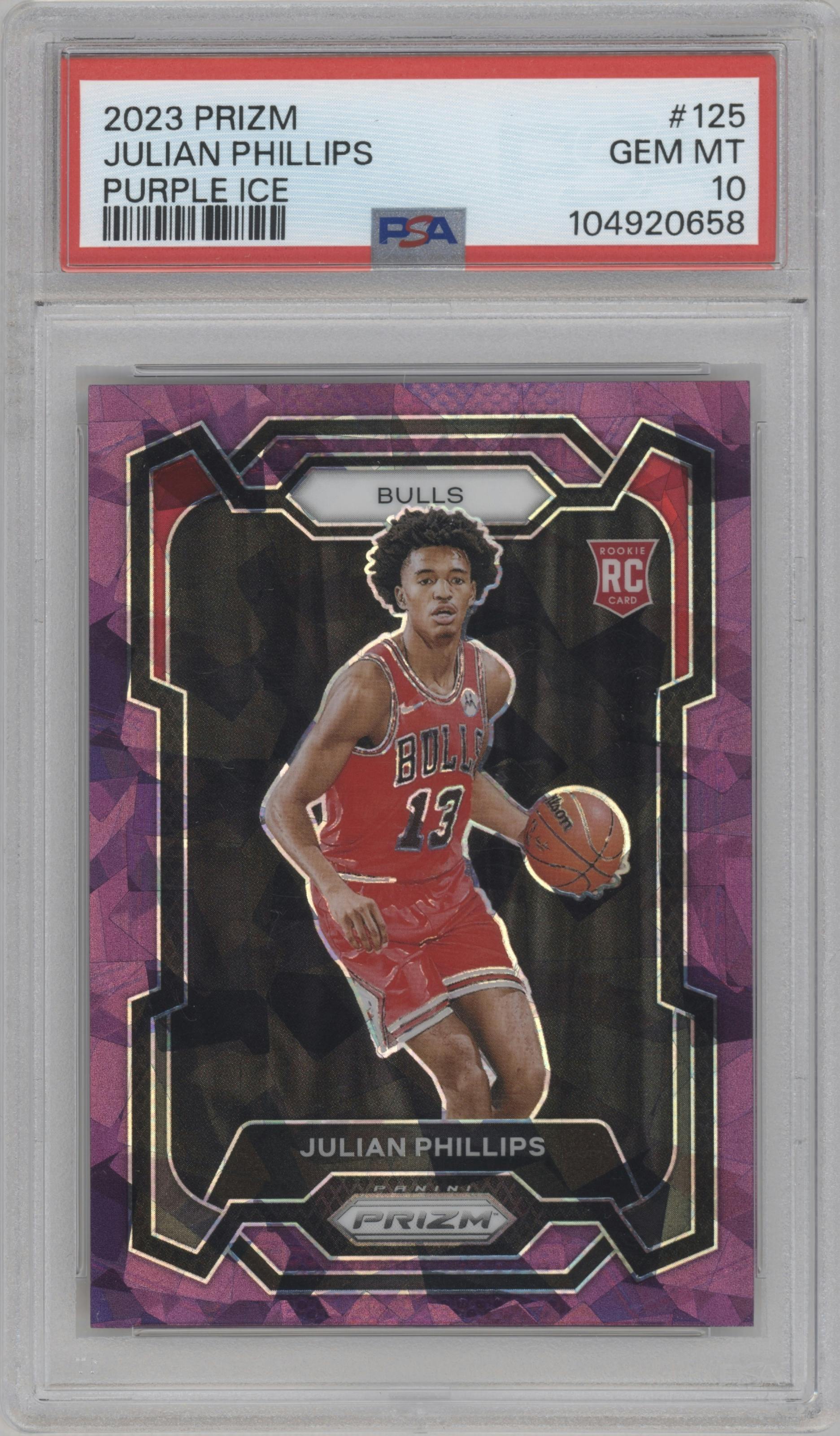 Julian Phillips from the 2023-24 Panini Prizm set featuring a Purple Ice  parallel graded by PSA and given an overall grade of 10.