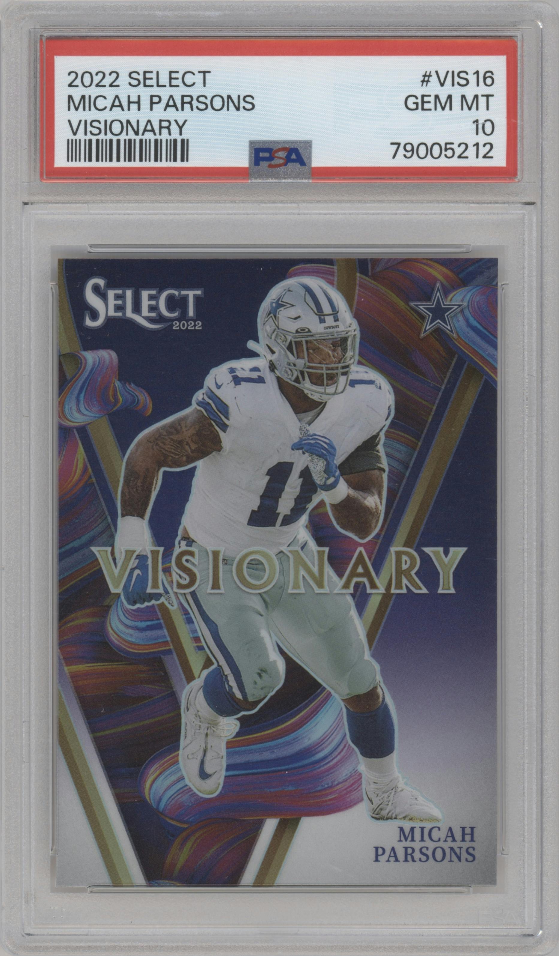 Micah Parsons from the 2022 Panini Select set graded by PSA and given an overall grade of 10.