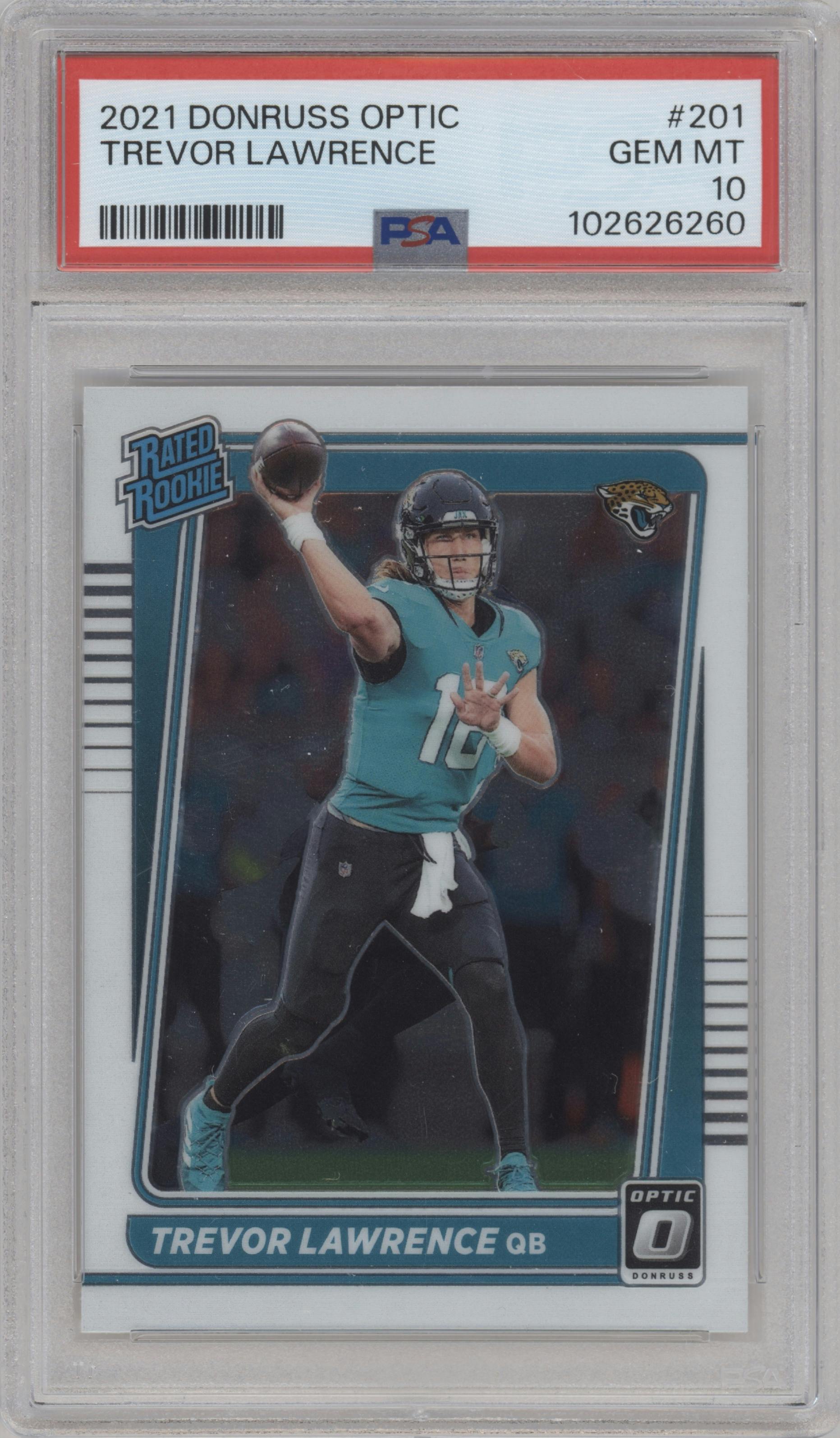 Trevor Lawrence from the 2021 Panini Donruss Optic set graded by PSA and given an overall grade of 10.