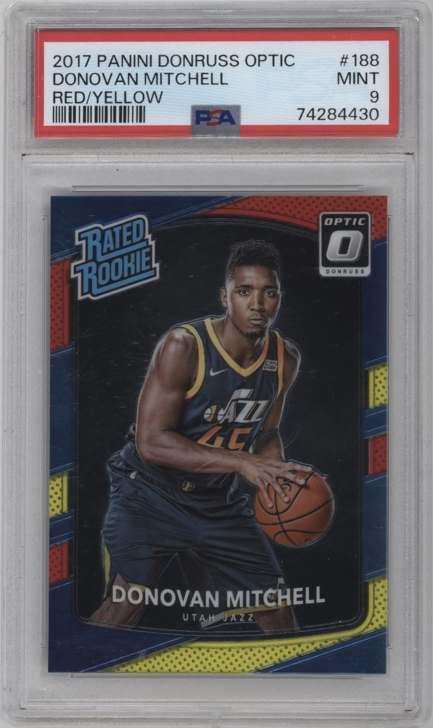 2017 Panini Donruss Optic Rated Rookie Donovan Mitchell Red/Yellow #188 PSA 9