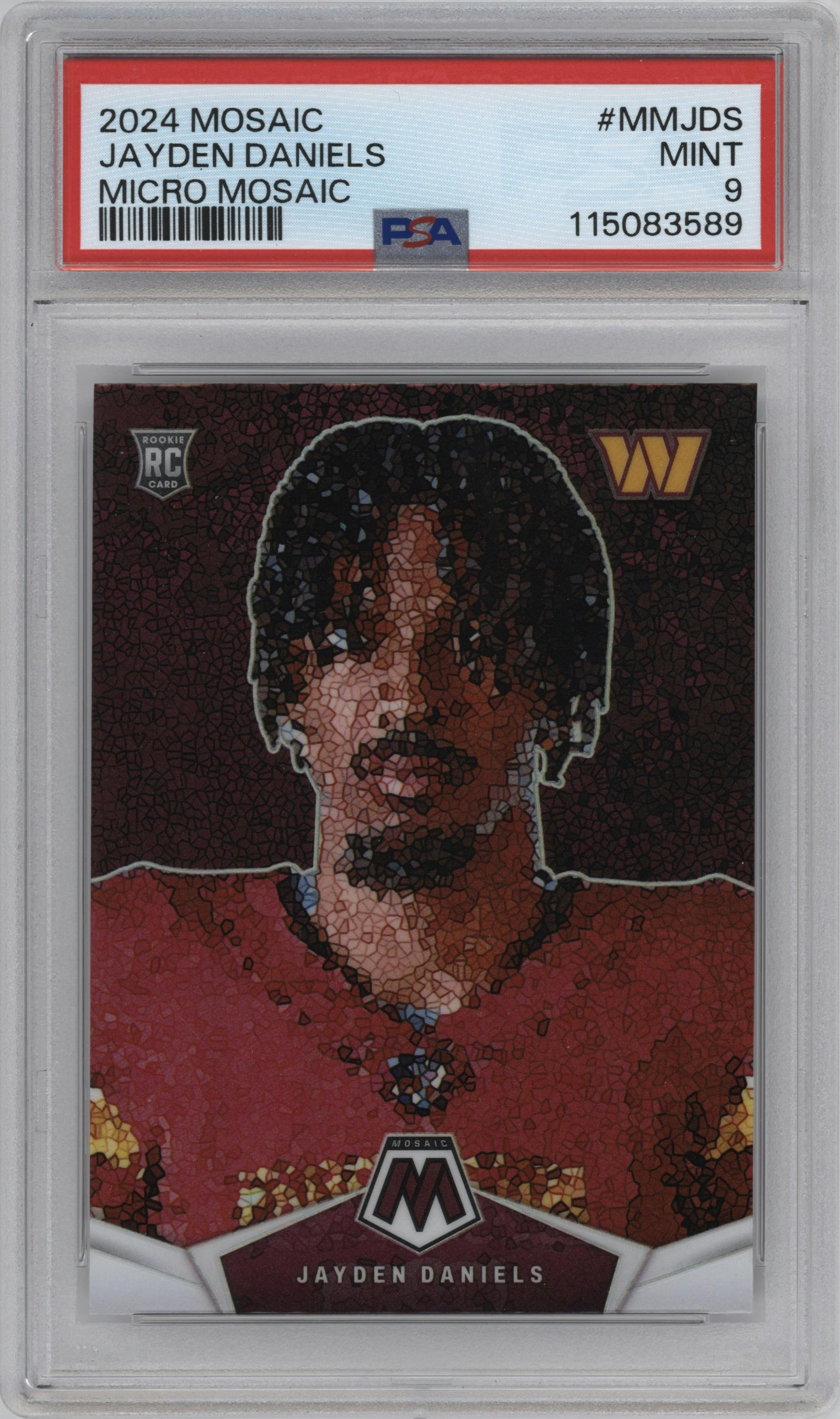 Jayden Daniels from the 2024 Panini Mosaic set graded by PSA and given an overall grade of 9.
