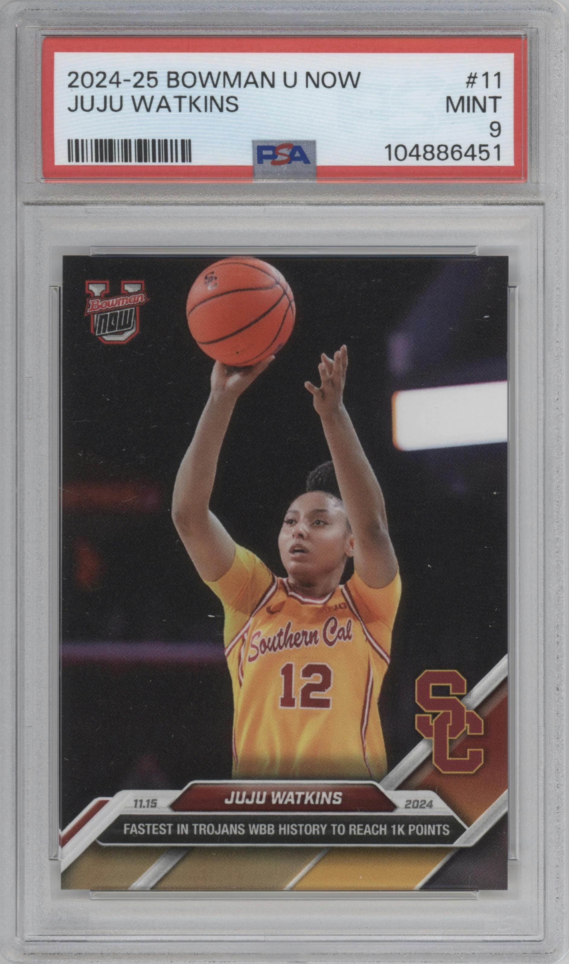JuJu Watkins from the 2024-25 Bowman U Now set graded by PSA and given an overall grade of 9.
