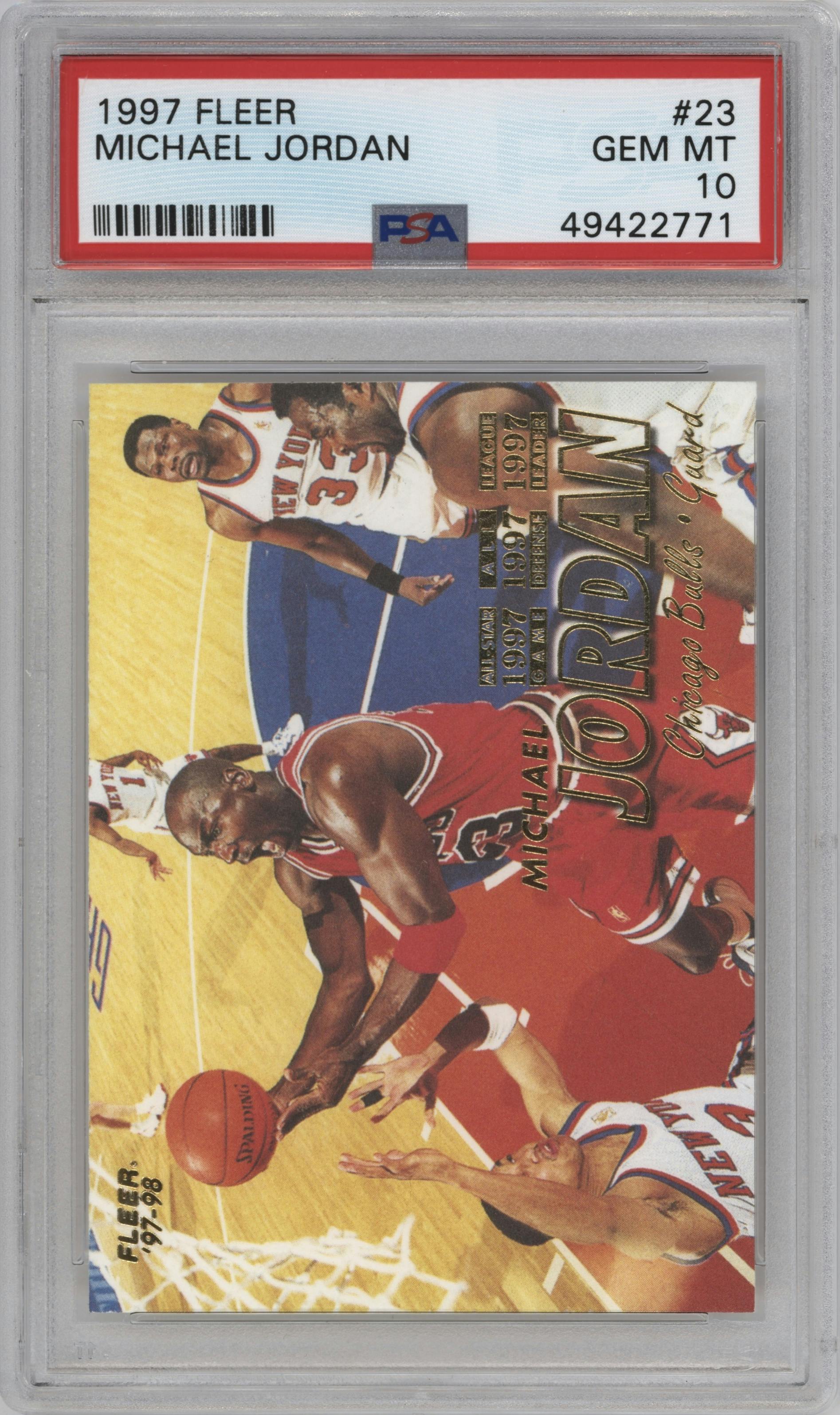 Michael Jordan from the 1997-98 Fleer set graded by PSA and given an overall grade of 10.