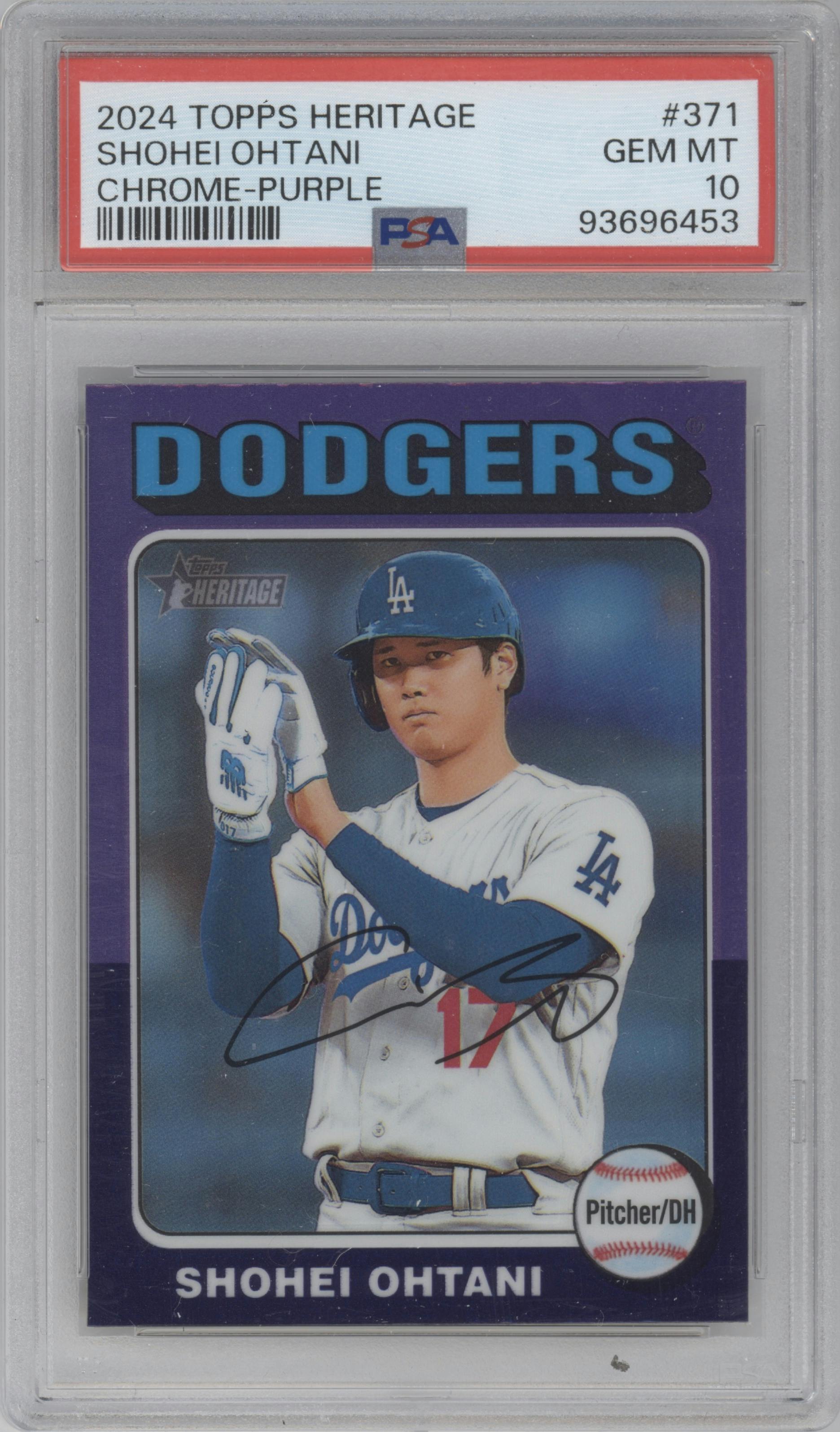 Shohei Ohtani from the 2024 Topps Heritage set featuring a Chrome Purple Refractor parallel graded by PSA and given an overall grade of 10.
