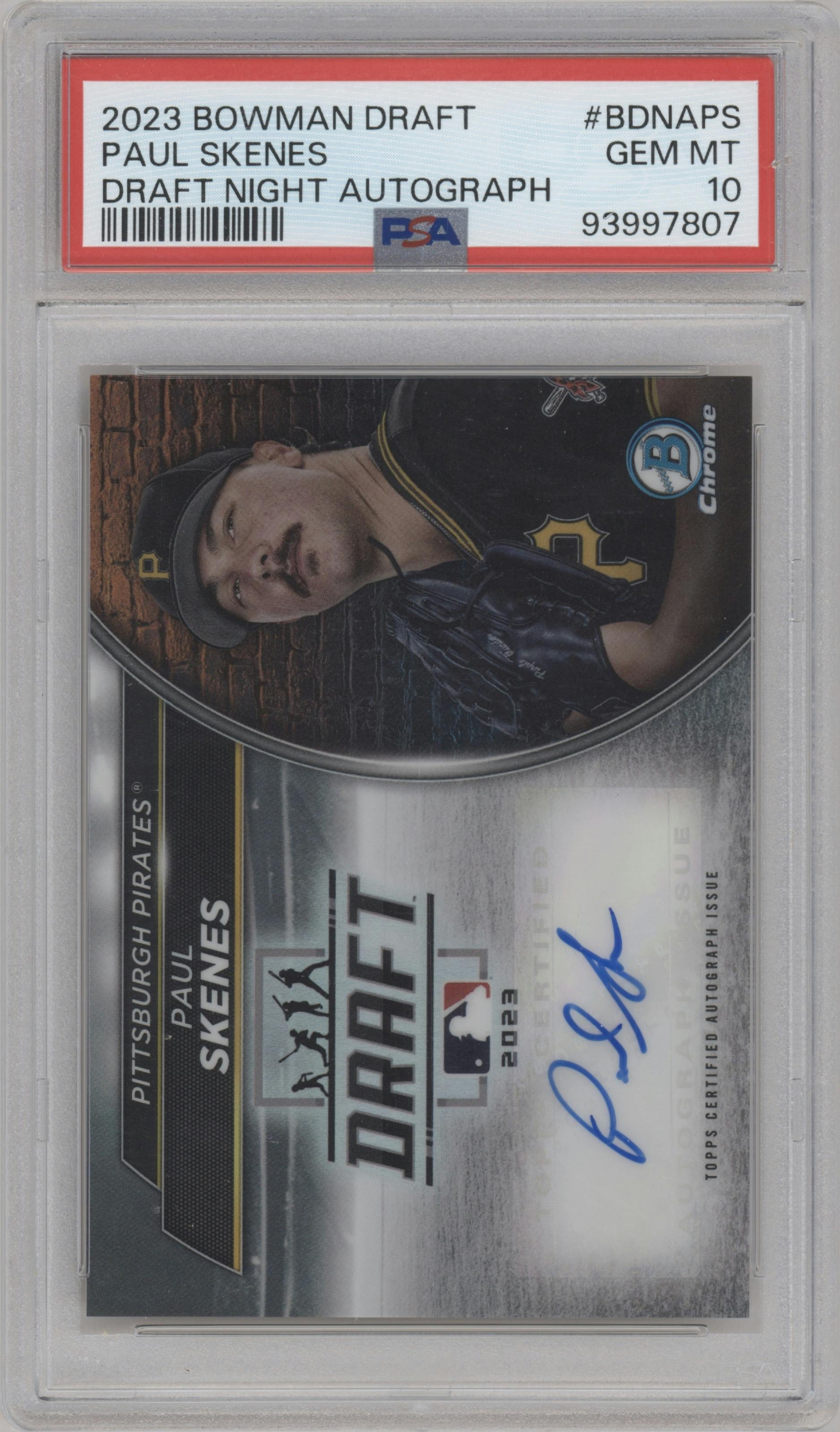 Paul Skenes from the 2023 Bowman Draft set graded by PSA and given an overall grade of 10.