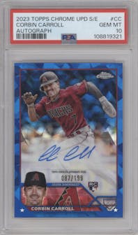 Corbin Carroll from the 2023 Topps Chrome Update Series Sapphire Edition set graded by PSA and given an overall grade of 10.