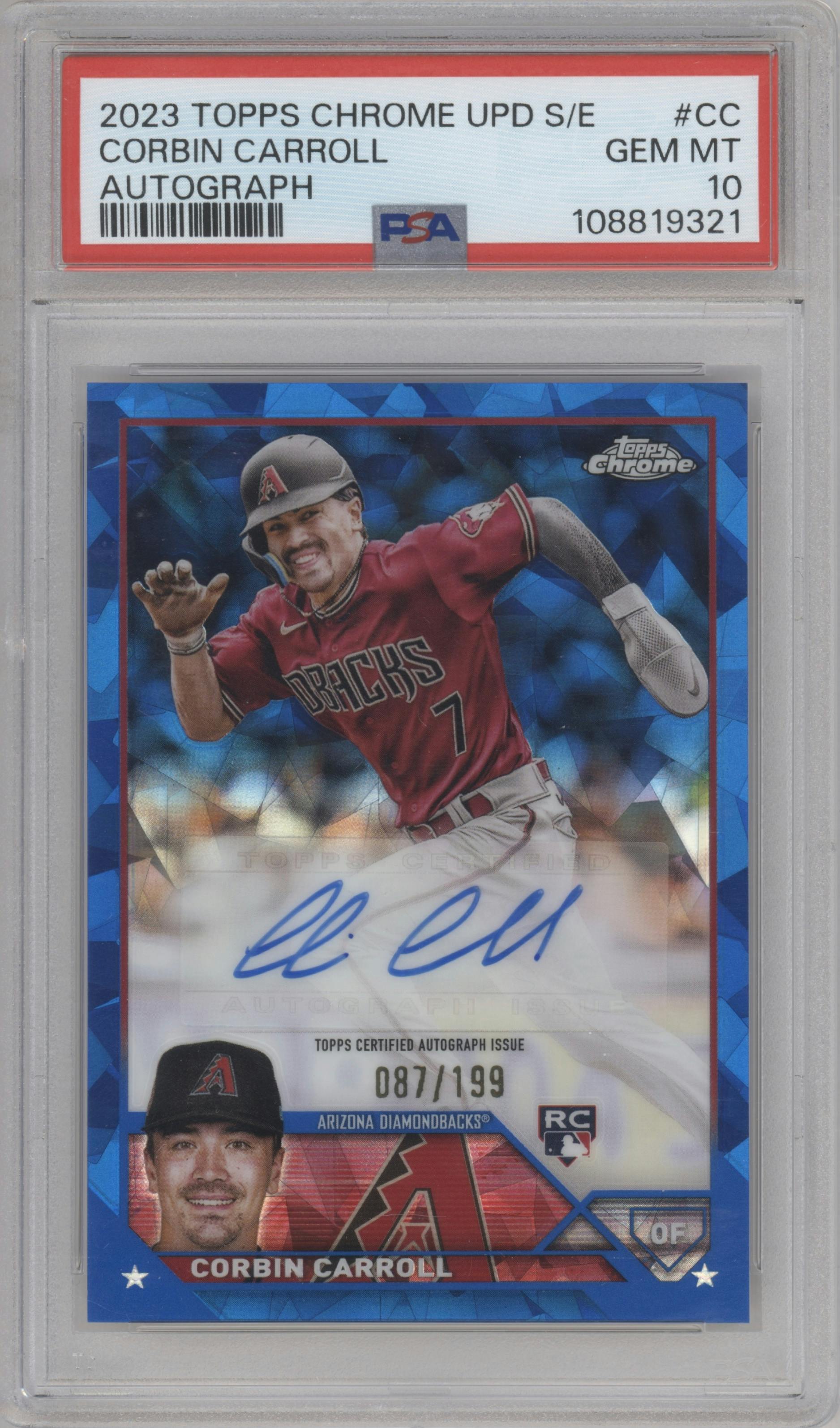 Corbin Carroll from the 2023 Topps Chrome Update Series Sapphire Edition set graded by PSA and given an overall grade of 10.