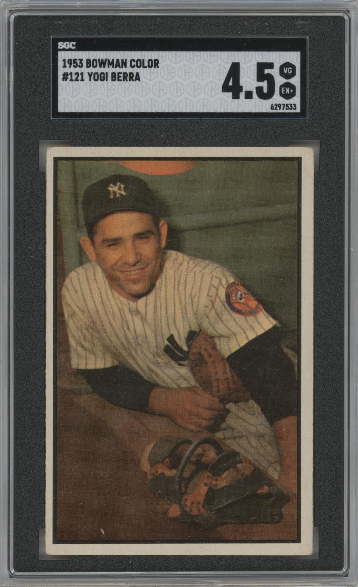 Yogi Berra from the 1953 Bowman Color set graded by SGC and given an overall grade of 4.5.