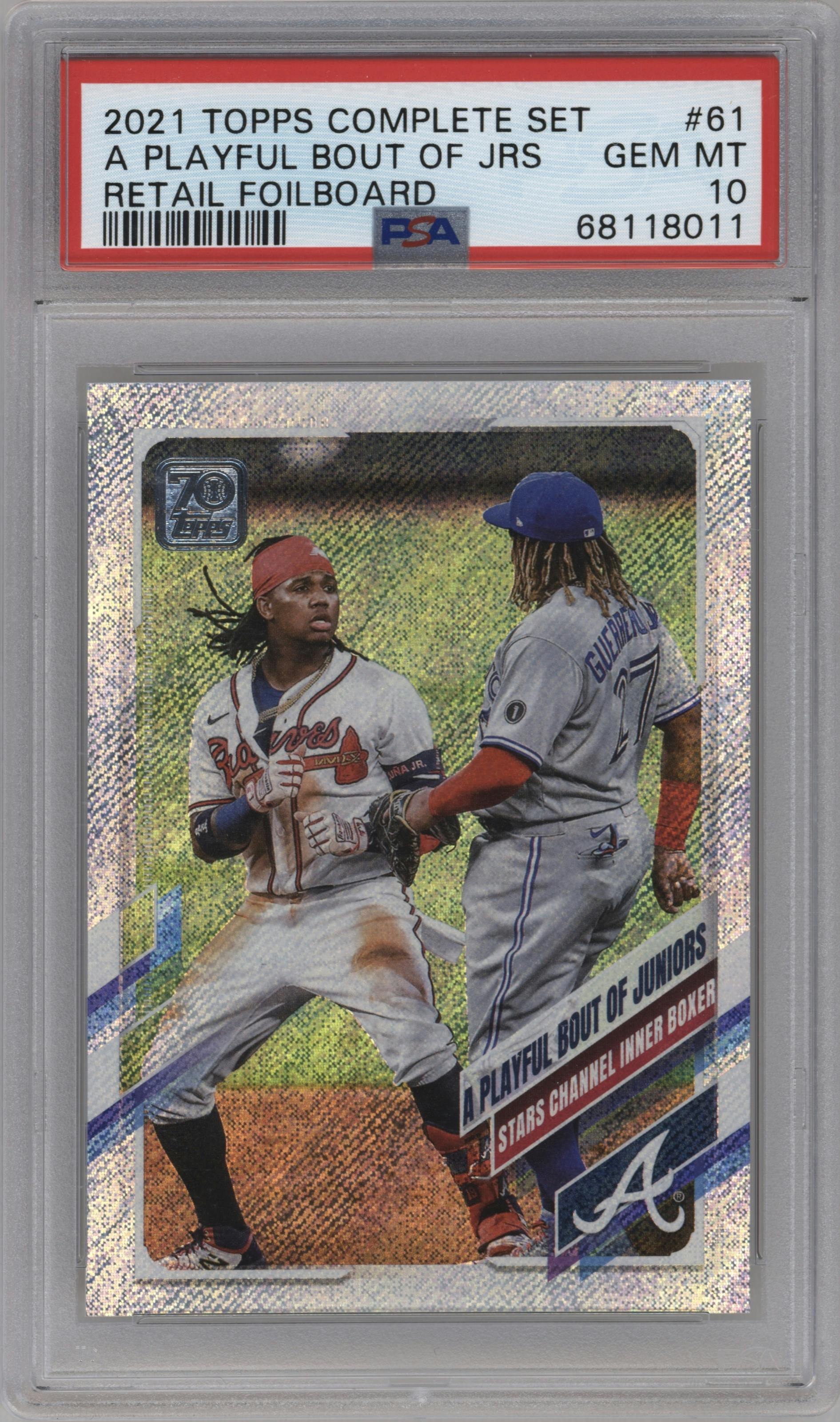 Ronald Acuna Jr./Vladimir Guerrero Jr. from the 2021 Topps Series 1 set featuring a Retail Foilboard parallel graded by PSA and given an overall grade of 10.