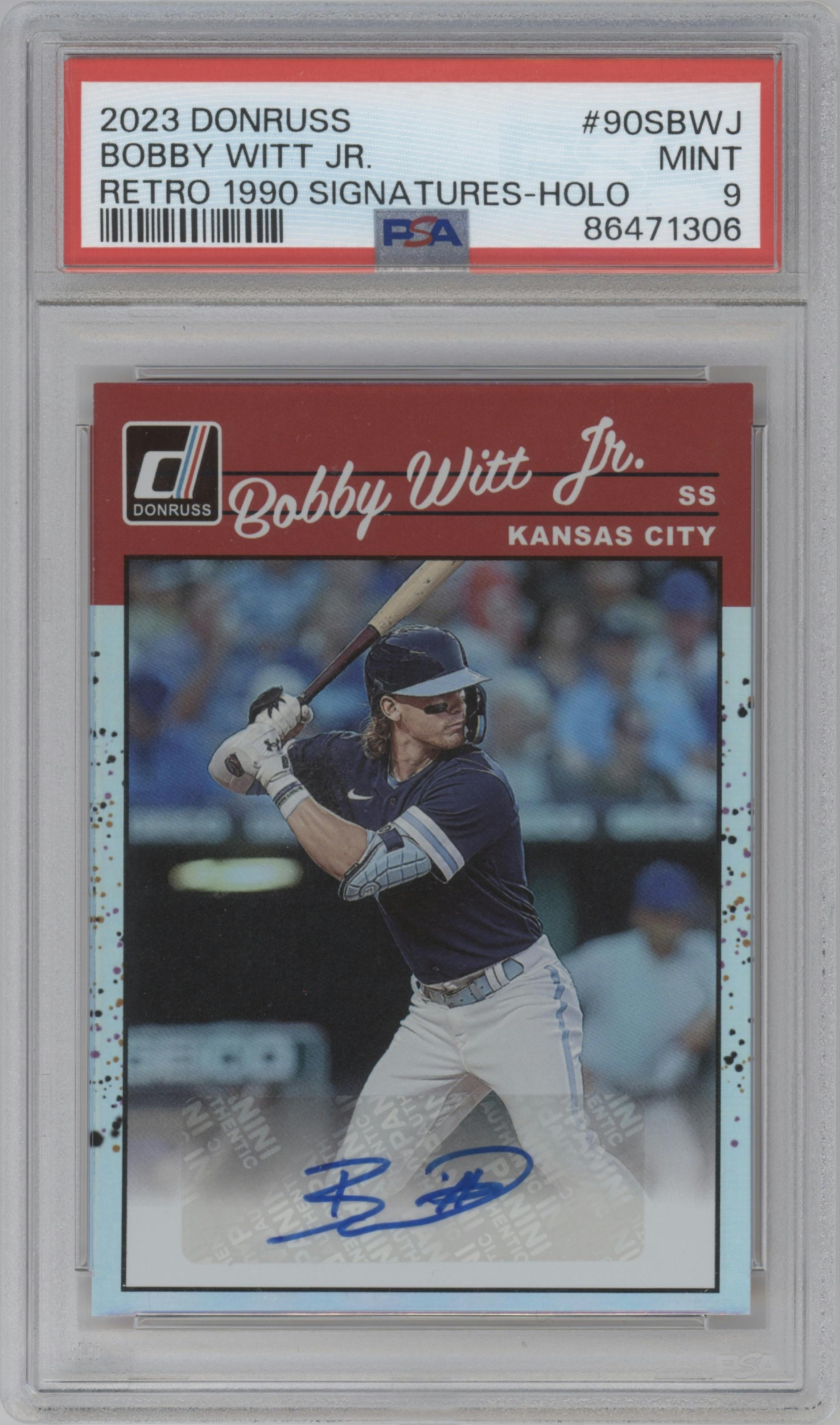 Bobby Witt Jr. from the 2023 Panini Donruss set featuring a Holo parallel graded by PSA and given an overall grade of 9.
