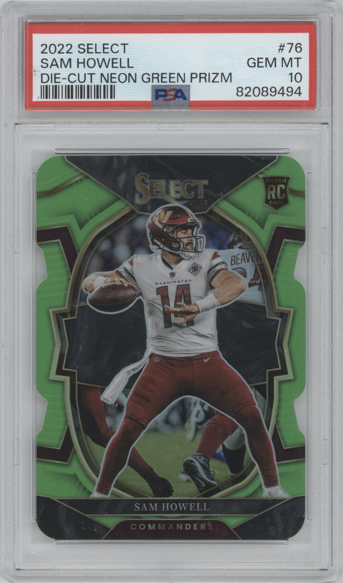 Sam Howell from the 2022 Panini Select set featuring a Die-Cut Neon Green parallel graded by PSA and given an overall grade of 10.
