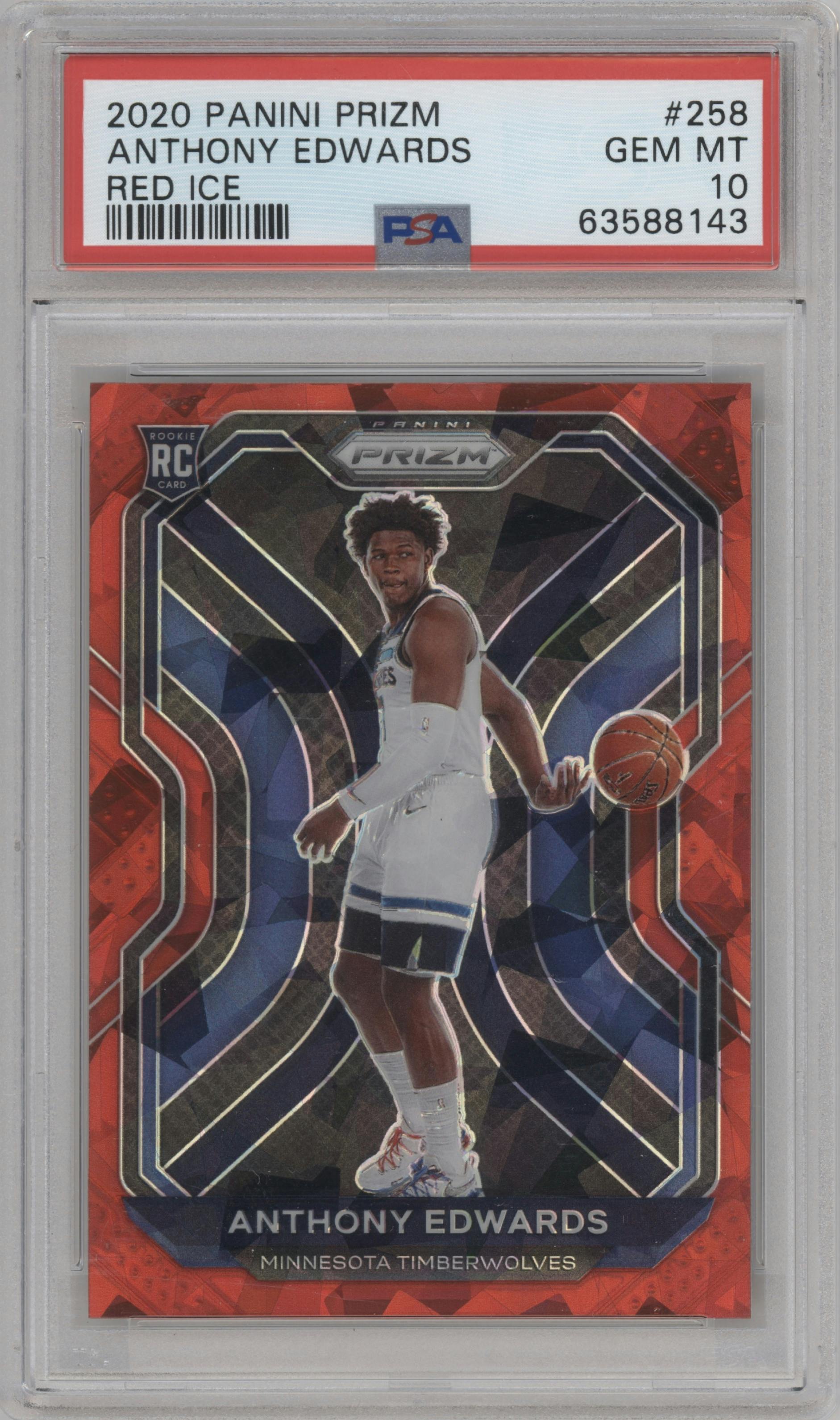 Anthony Edwards from the 2020-21 Panini Prizm set featuring a Red Ice parallel graded by PSA and given an overall grade of 10.