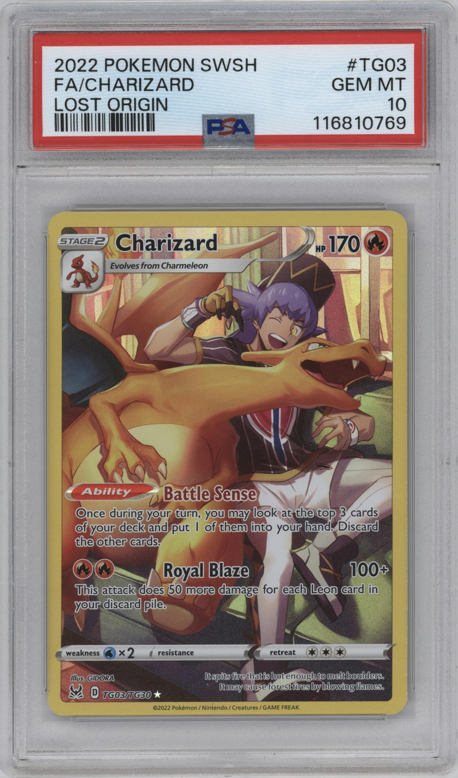 Charizard from the 2022 Pokemon SWSH set graded by PSA and given an overall grade of 10.