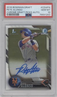 Pete Alonso from the 2016 Bowman Draft set graded by PSA and given an overall grade of 10.