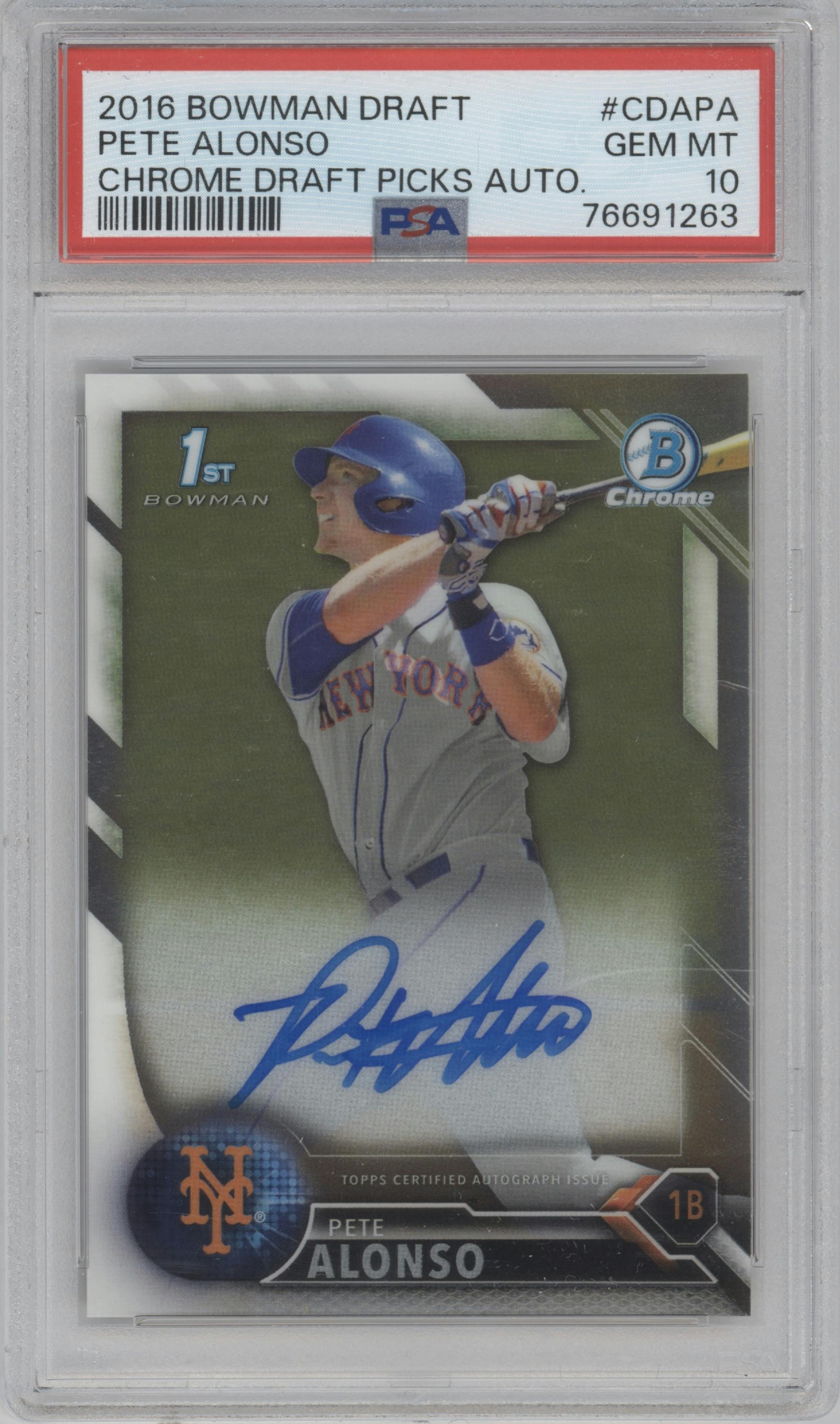 Pete Alonso from the 2016 Bowman Draft set graded by PSA and given an overall grade of 10.