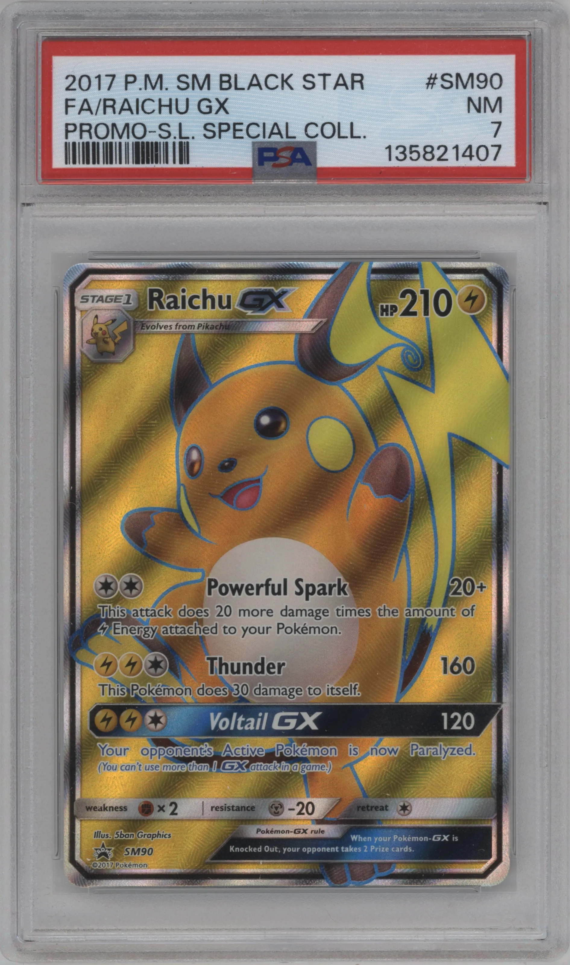 Raichu GX from the 2017 Pokemon S&M set featuring a Shining Legends Raichu GX Box parallel graded by PSA and given an overall grade of 7.